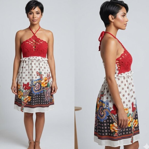 Marineblu Dresses & Skirts - MarineBlu Halter Red Crochet Sun Dress with Flower Design Women's - Size Small